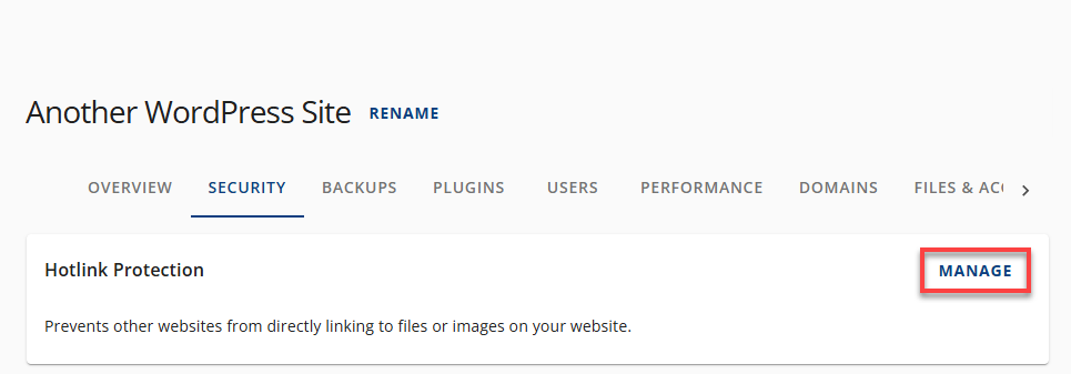 Bluehost Account Manager - Security Tab Manage Horlink Protection