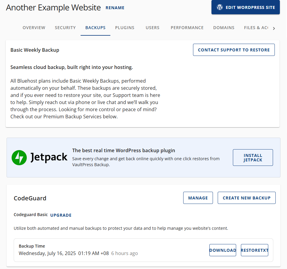 Bluehost Account Manager - Websites Tab Backups