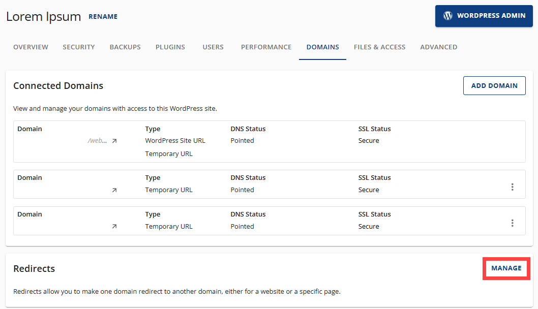 Redirect a Domain - Domains tab - Redirects