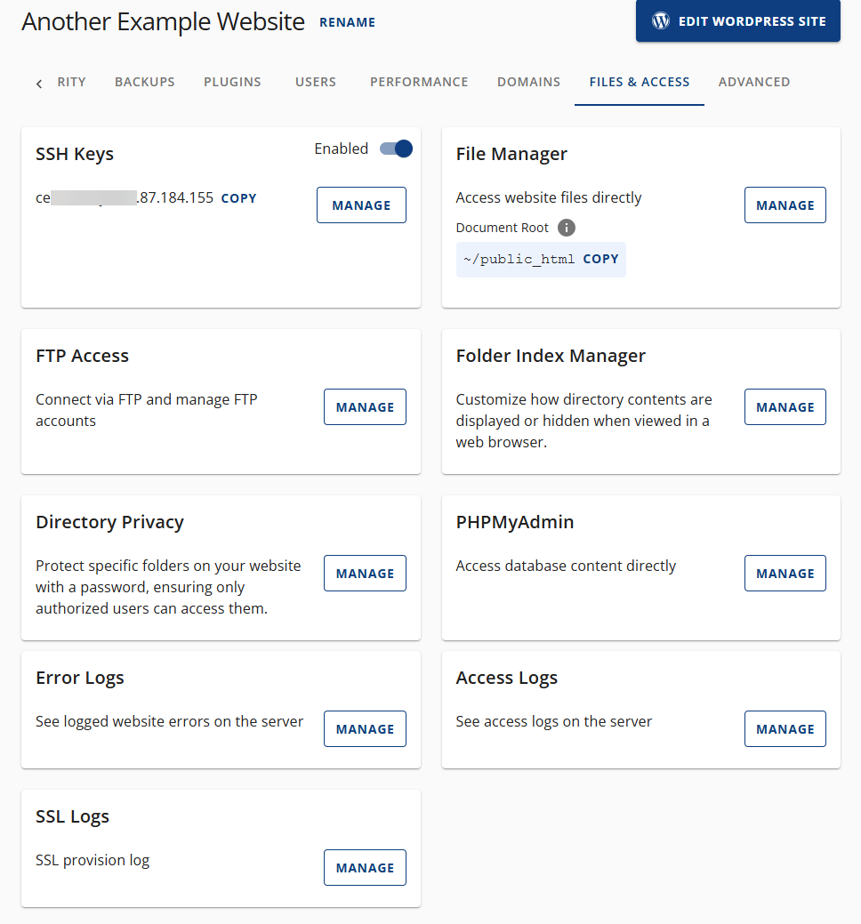 Bluehost Account Manager -Performance Tab Files and Access