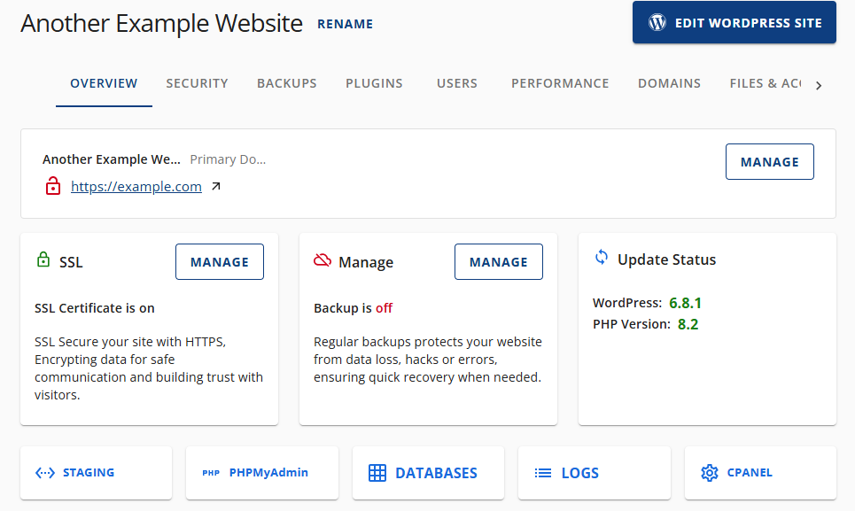 Bluehost Account Manager - Websites Tab Overview