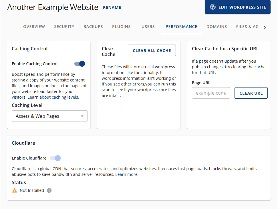 Bluehost Account Manager -Performance Tab Users