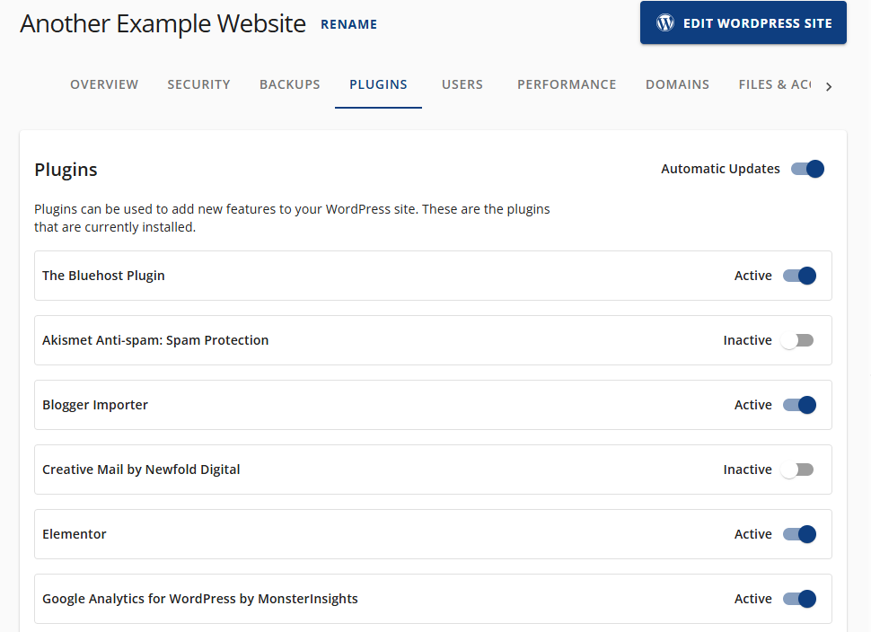 Bluehost Account Manager - Websites Tab Plugins