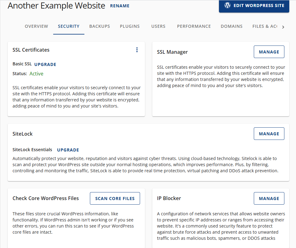 Bluehost Account Manager - Websites Tab Security