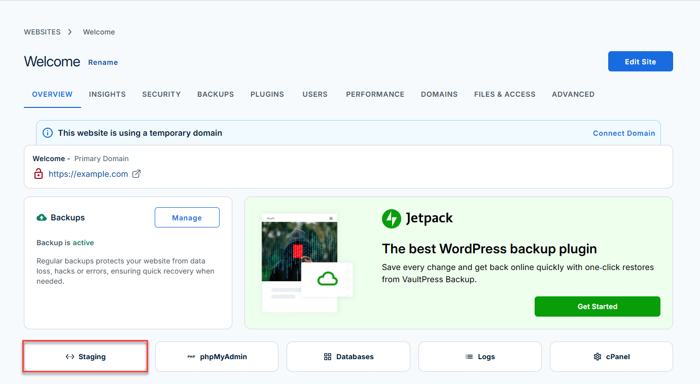 WP Dashboard - Manage WordPress tab - Staging Site