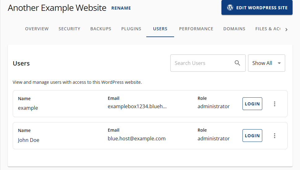 Bluehost Account Manager - Websites Tab Users