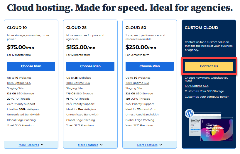 Bluehost Cloud Hosting - Custom Cloud - Contact Us button