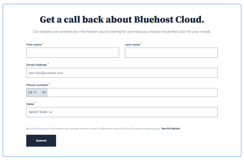Bluehost Cloud Hosting - Custom Cloud - Fill out form