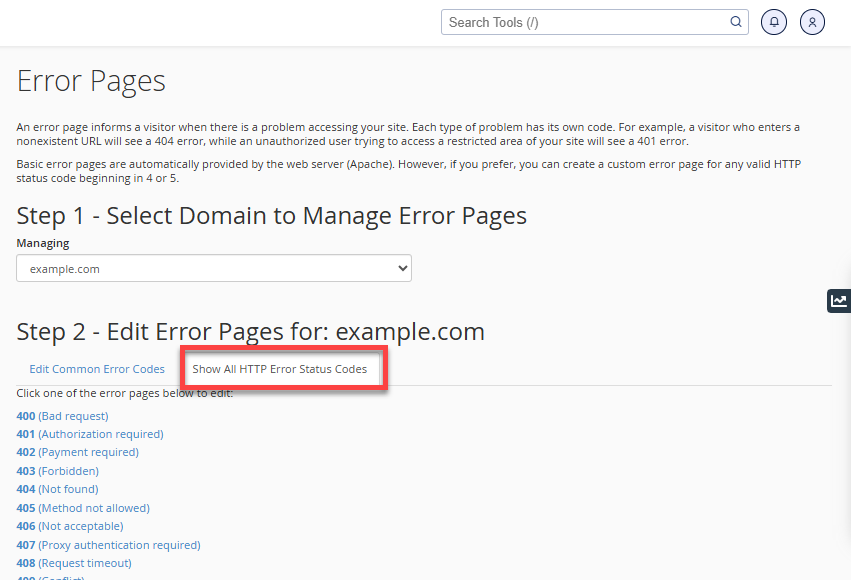 cPanel - Error Pages - Edit error pages