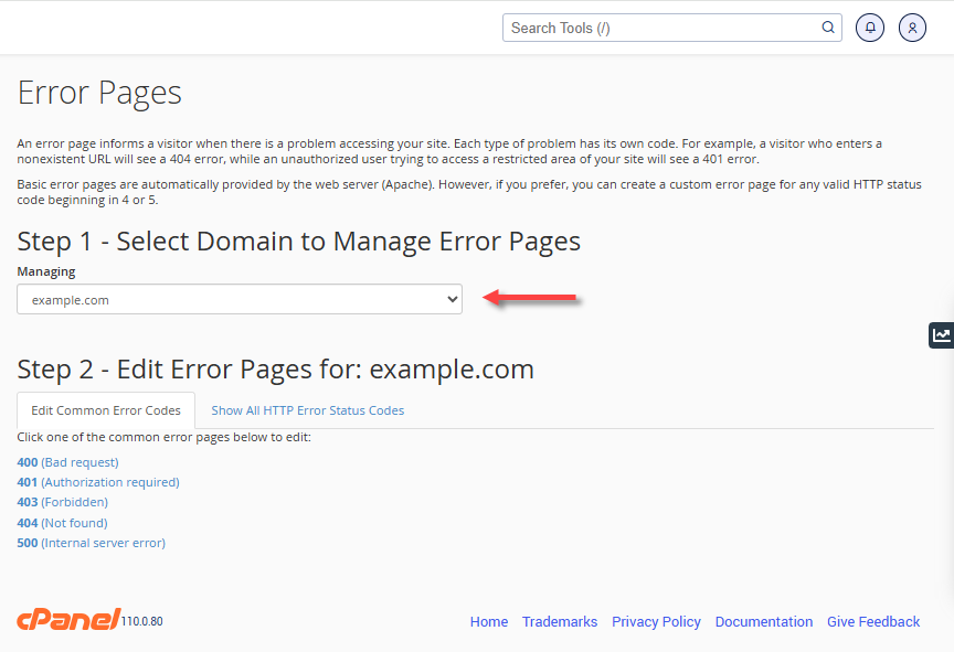 cPanel - Error Pages - Select domain
