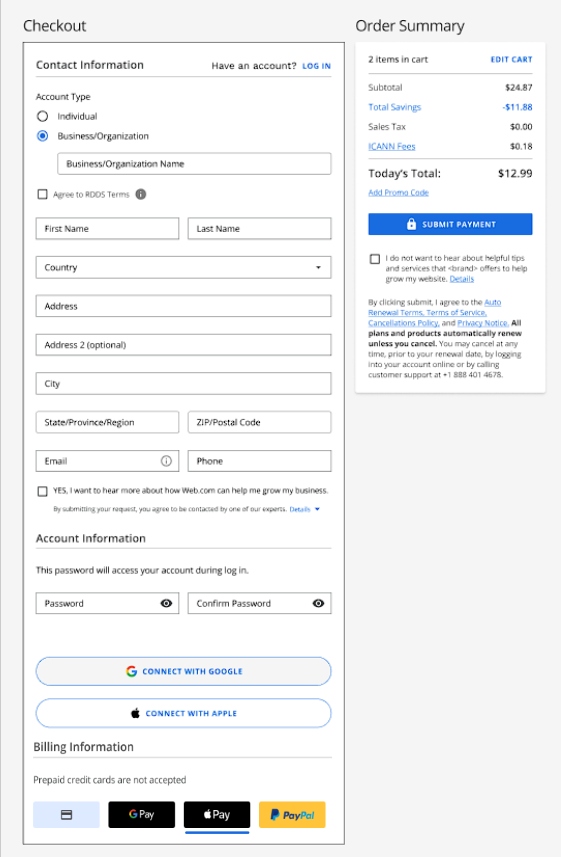 New Customer - Checkout page