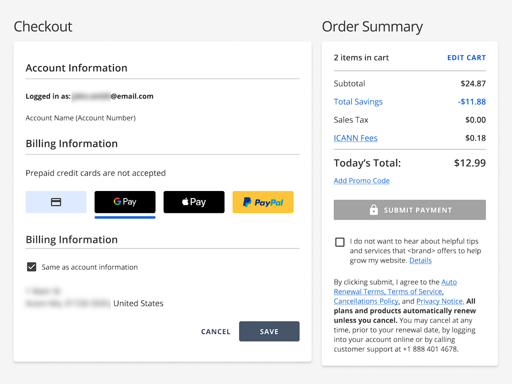 Existing Customer Check Out Page