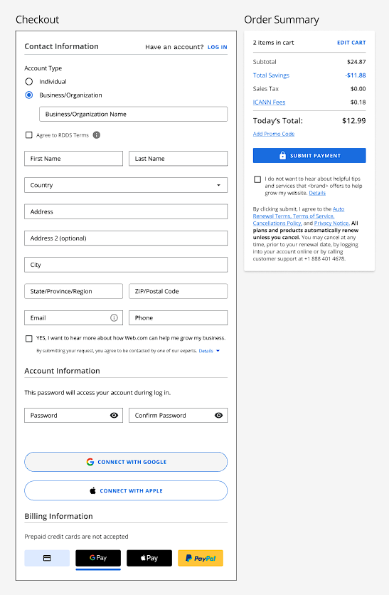 New Customer Check Out Page