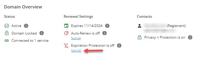 Domain Overview - Expiration Protection is off - Turn on link