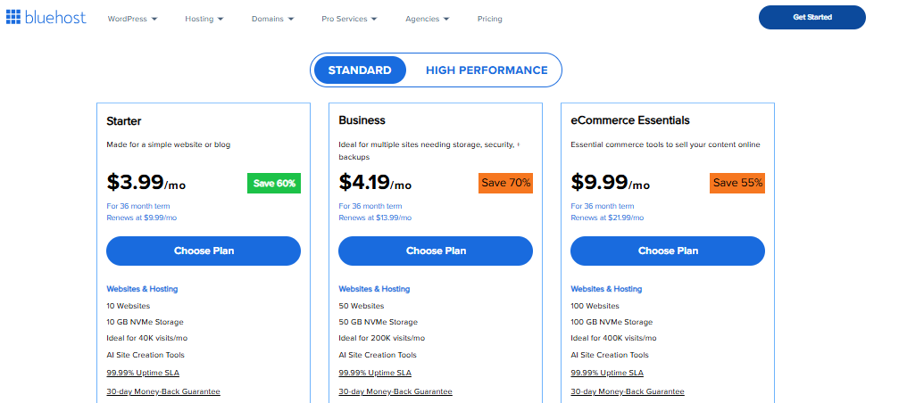 WordPress hosting - Choose Plan