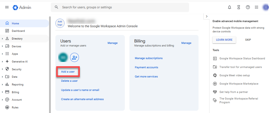 Google Workspace Admin Console - Add new user link