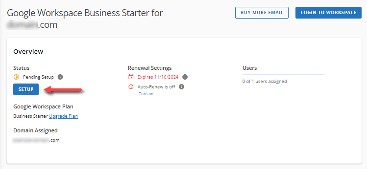 Google Workspace - Pending Setup - Setup button