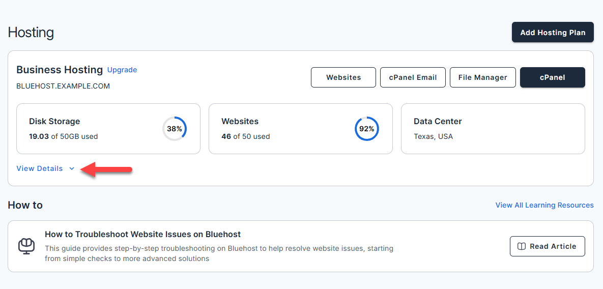Account Manager - Hosting tab - Disk Storage