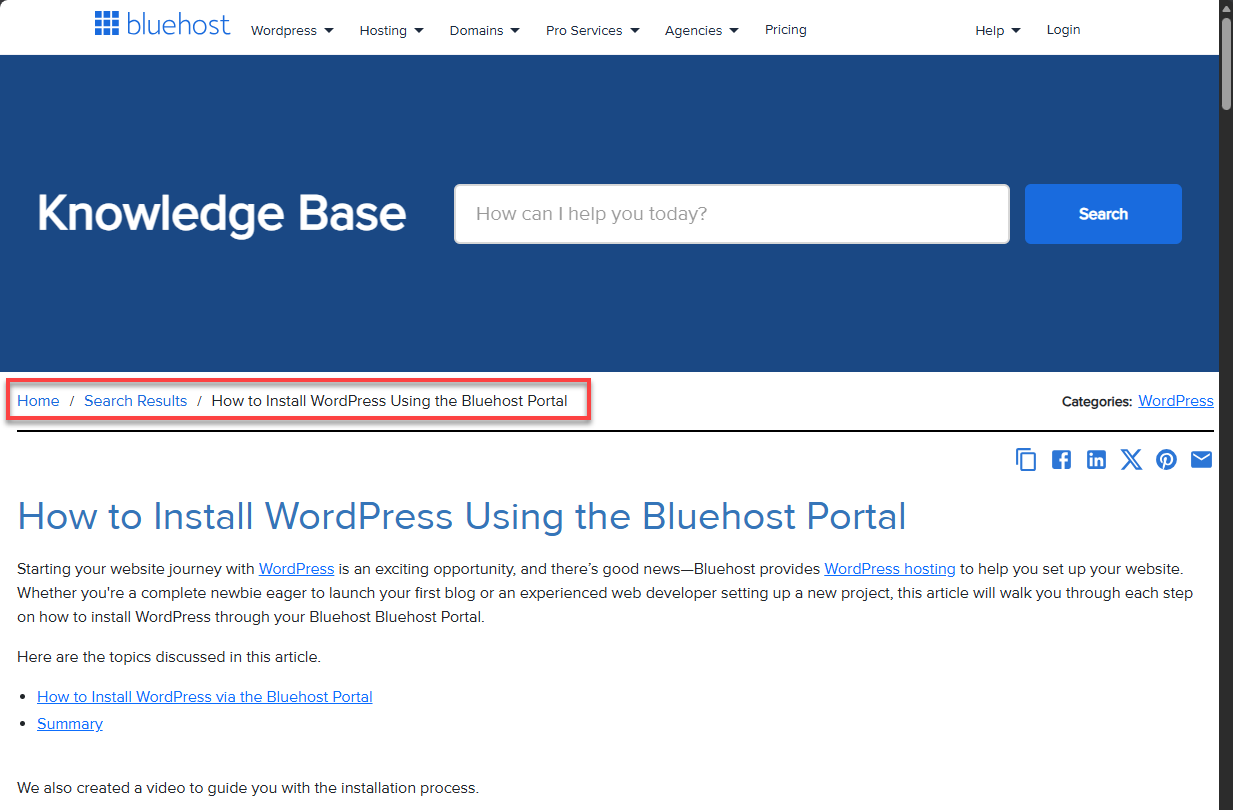 BH Support Portal Breadcrumbs