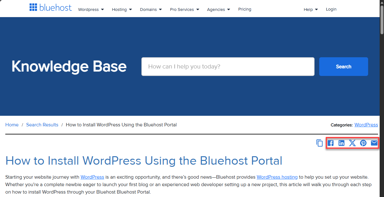 BH Support Portal Social Media Sharing