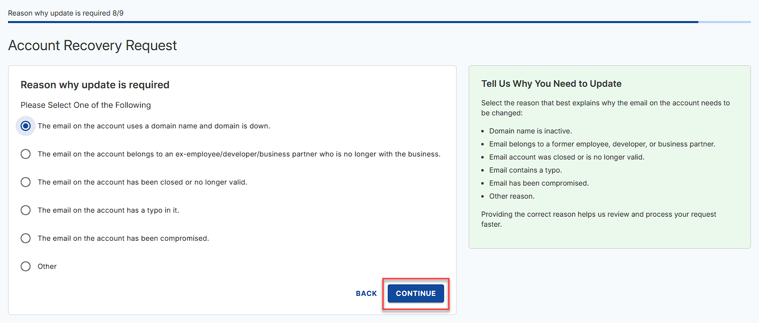 Select Reason for the update