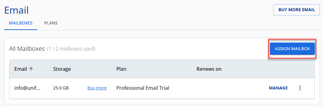 Professional Email ASSIGN MAILBOX button