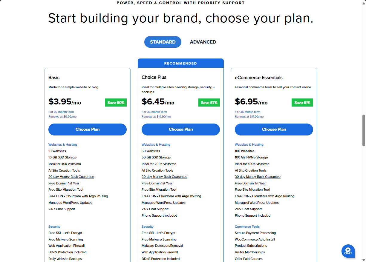 Sign up for an account - Bluehost Standard hosting plans