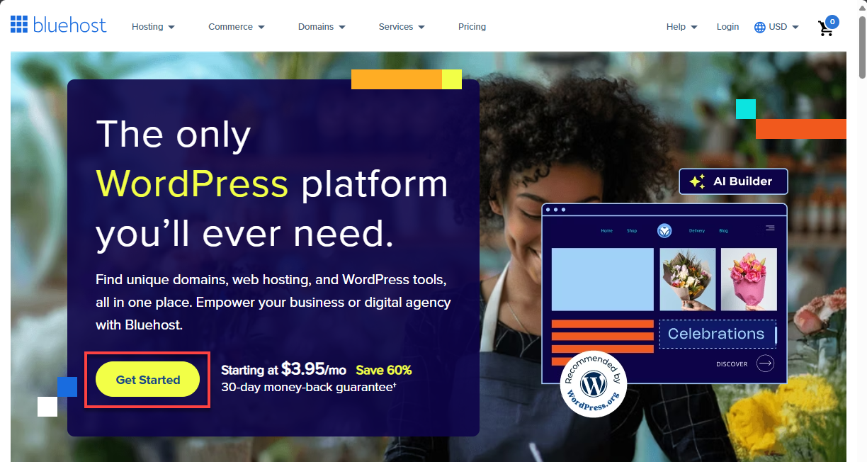 Sign up for an account - Bluehost "Get Started" button