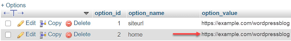 phpMyAdmin - option_value column - homeurl line