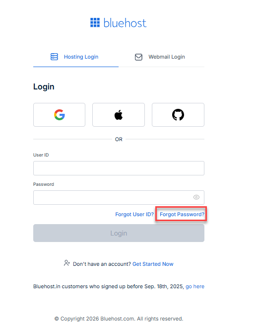 Bluehost Account Manager Forgot Password link