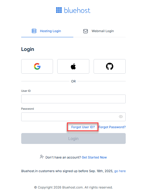 Bluehost Portal Forgot User ID
