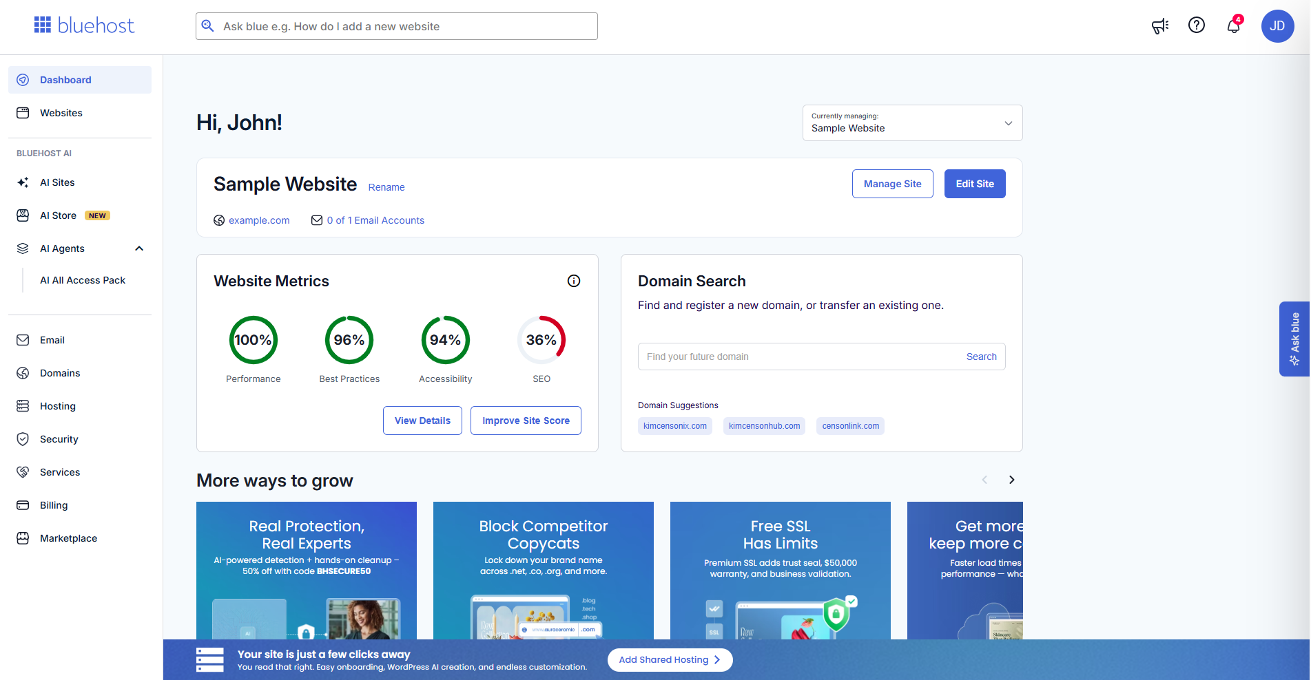 Bluehost Portal - Dashboard