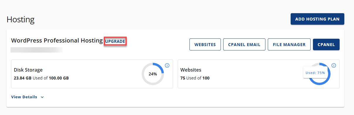 Hosting tab - Upgrade Plan link