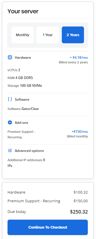 Self-Managed VPS - GatorClaw - Continue to Checkout