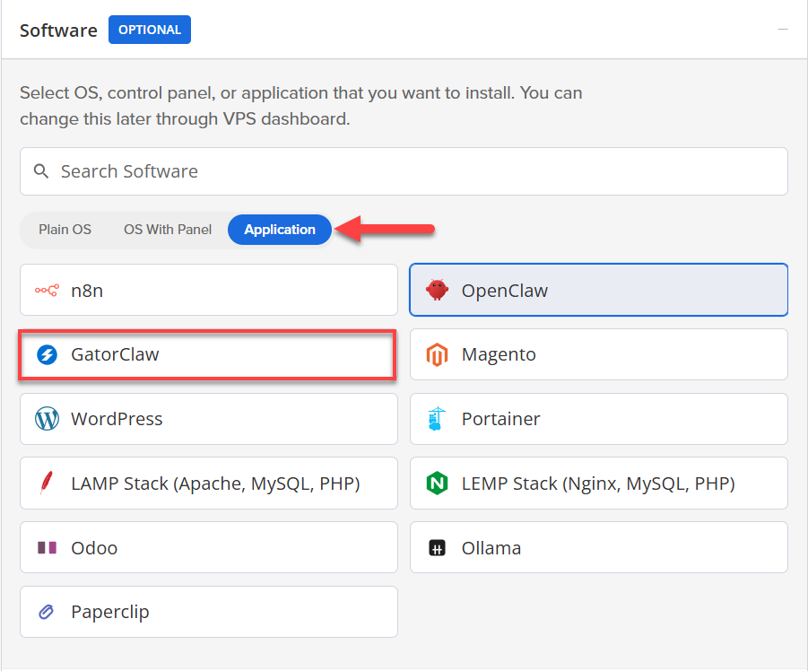 Self-Managed VPS - Application tab - GatorClaw