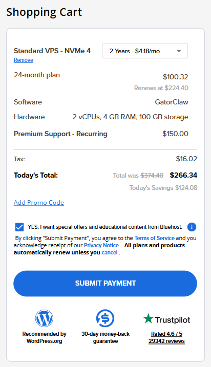 Self-Managed VPS GatorClaw - Checkout page