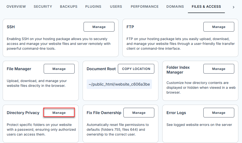 Bluehost Account Manager - Files and Access - Manage Directory Privacy