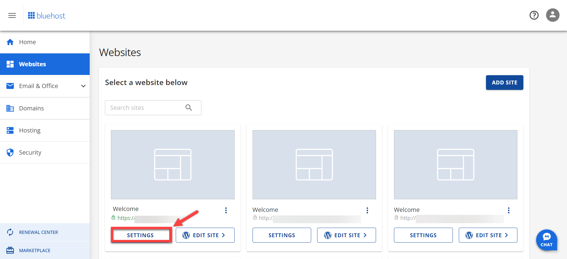 Bluehost website management screen with a 'Backups' tab highlighted, indicating a focus on site backup options.