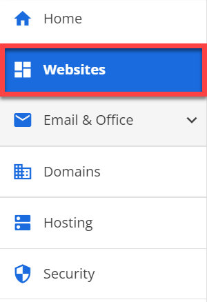 The Bluehost control panel sidebar is highlighted on the 'Websites' tab.