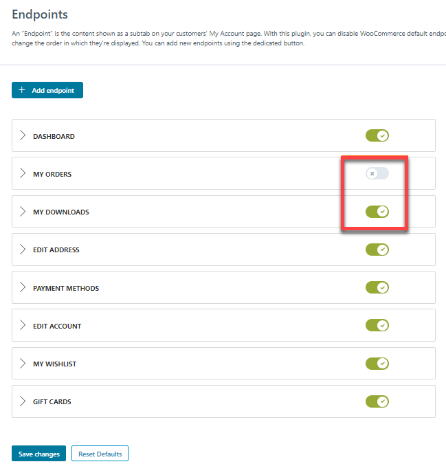 YITH WooCommerce Customize My Account Page - Endpoints - Toggle buttons