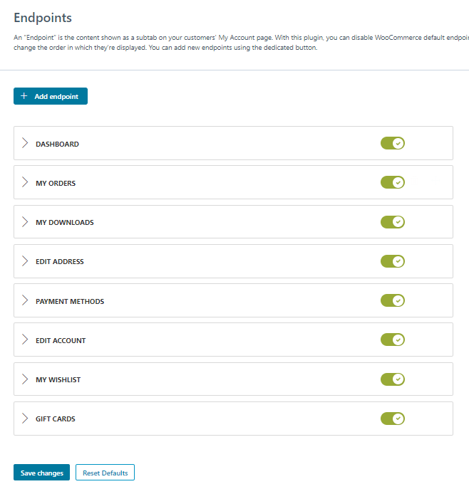 YITH WooCommerce Customize My Account Page - Endpoints - Default tabs