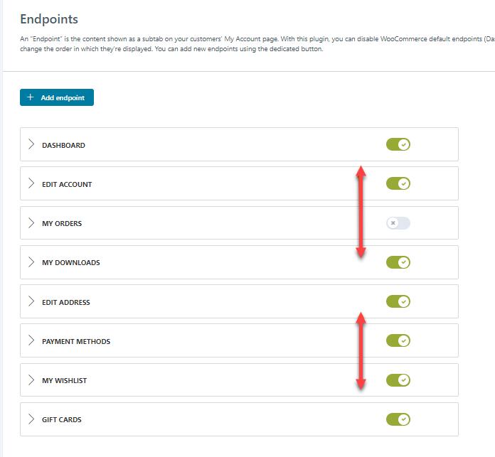 YITH WooCommerce Customize My Account Page - Endpoints - Drag and Drop Endpoints