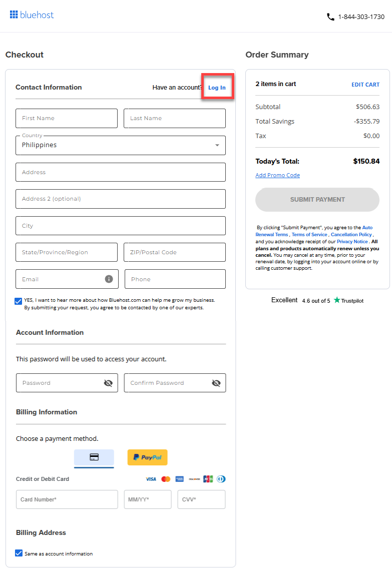 WordPress Hosting - Checkout - Existing customers login