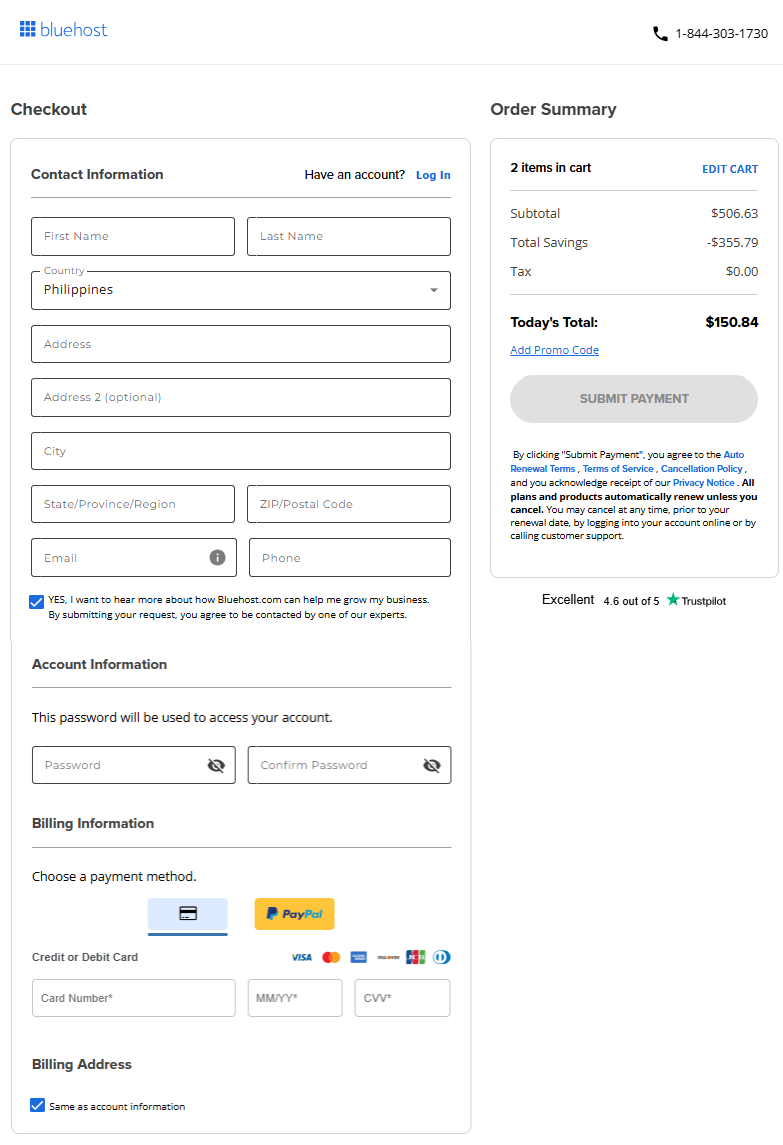 WordPress Hosting - Checkout - New Customer Provide details