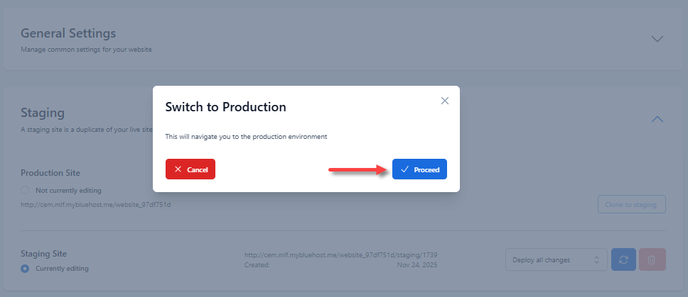 Create a Staging Site - Switch to Production