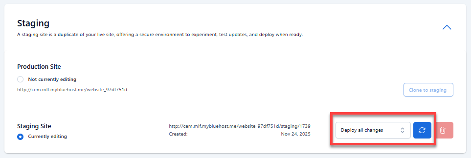 Create a Staging Site - Select "Deploy" type