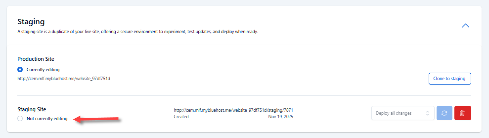 Create a Staging Site - "Not currently editing" option