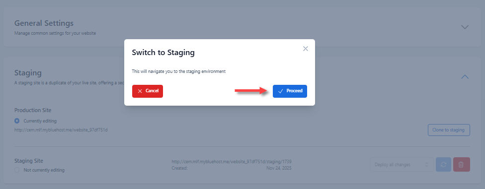 Create a Staging Site - "Not currently editing" pop-up - Proceed button