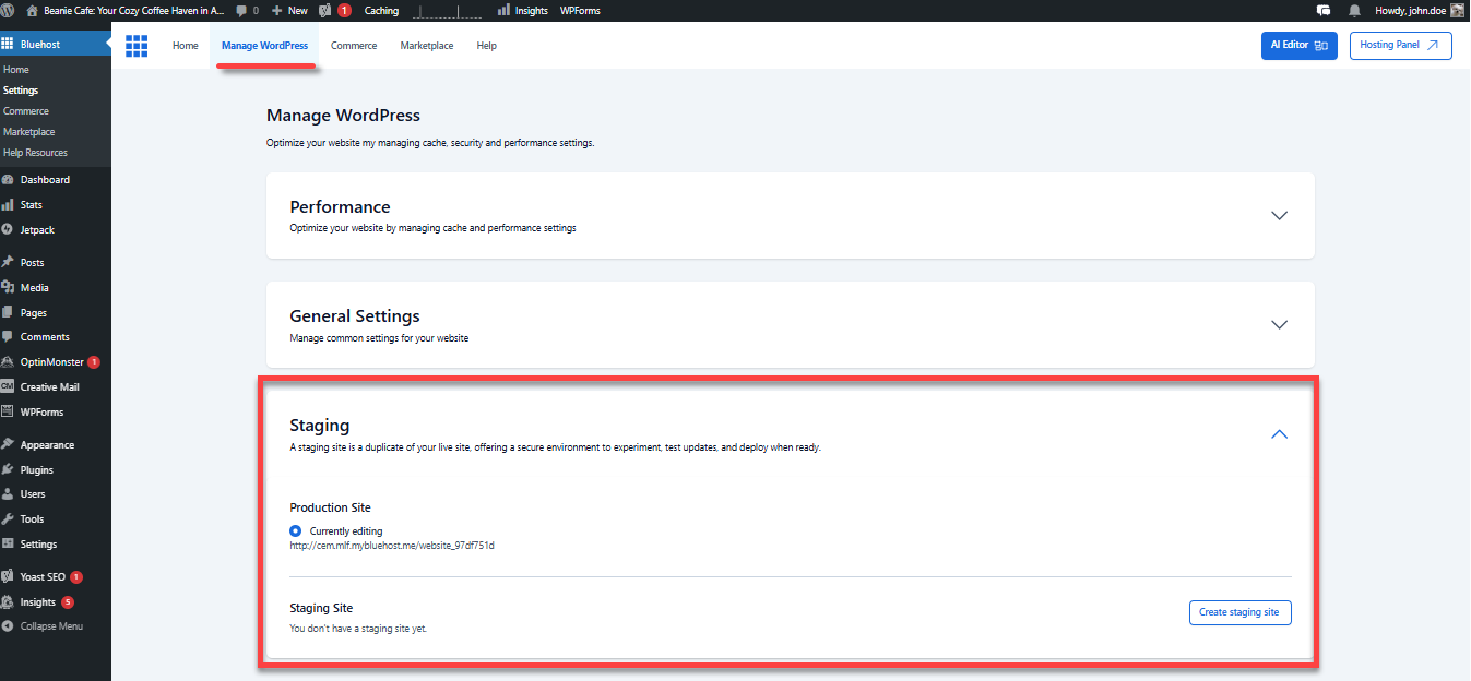WP Dashboard - Manage WordPress tab - Staging Site