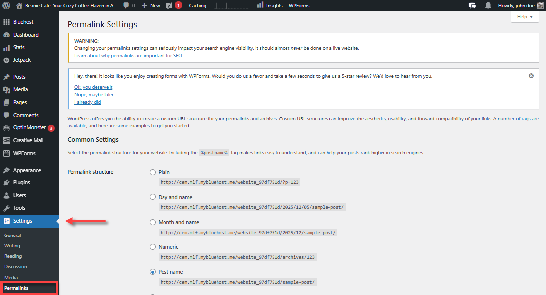WordPress dashboard - Settings - Permalinks
